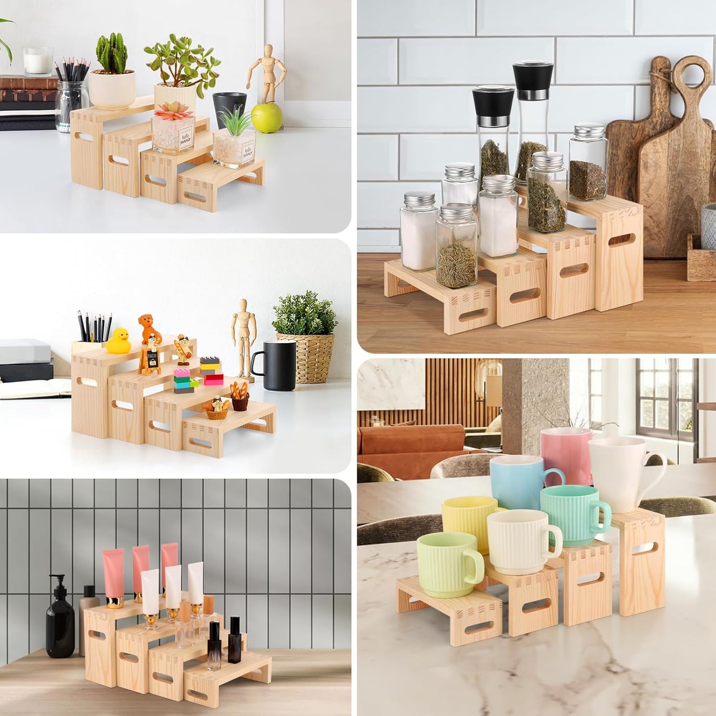 8 Pcs Wood Risers Display Stands, 2 Set Wooden Risers for Table Display, 4 Tier Rectangular Riser Display Stand Wooden for Cupcake, Desserts, Perfume, Collections, Jewelry Showcase (Nature)