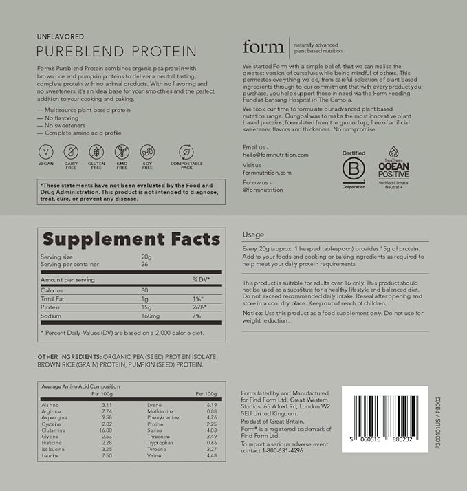 Form Pureblend Protein - Unsweetened and Unflavored Vegan Protein Powder - 15g of Plant Protein Powder Unflavored per Serving. Perfect for Your Smoothies, Cooking and Baking