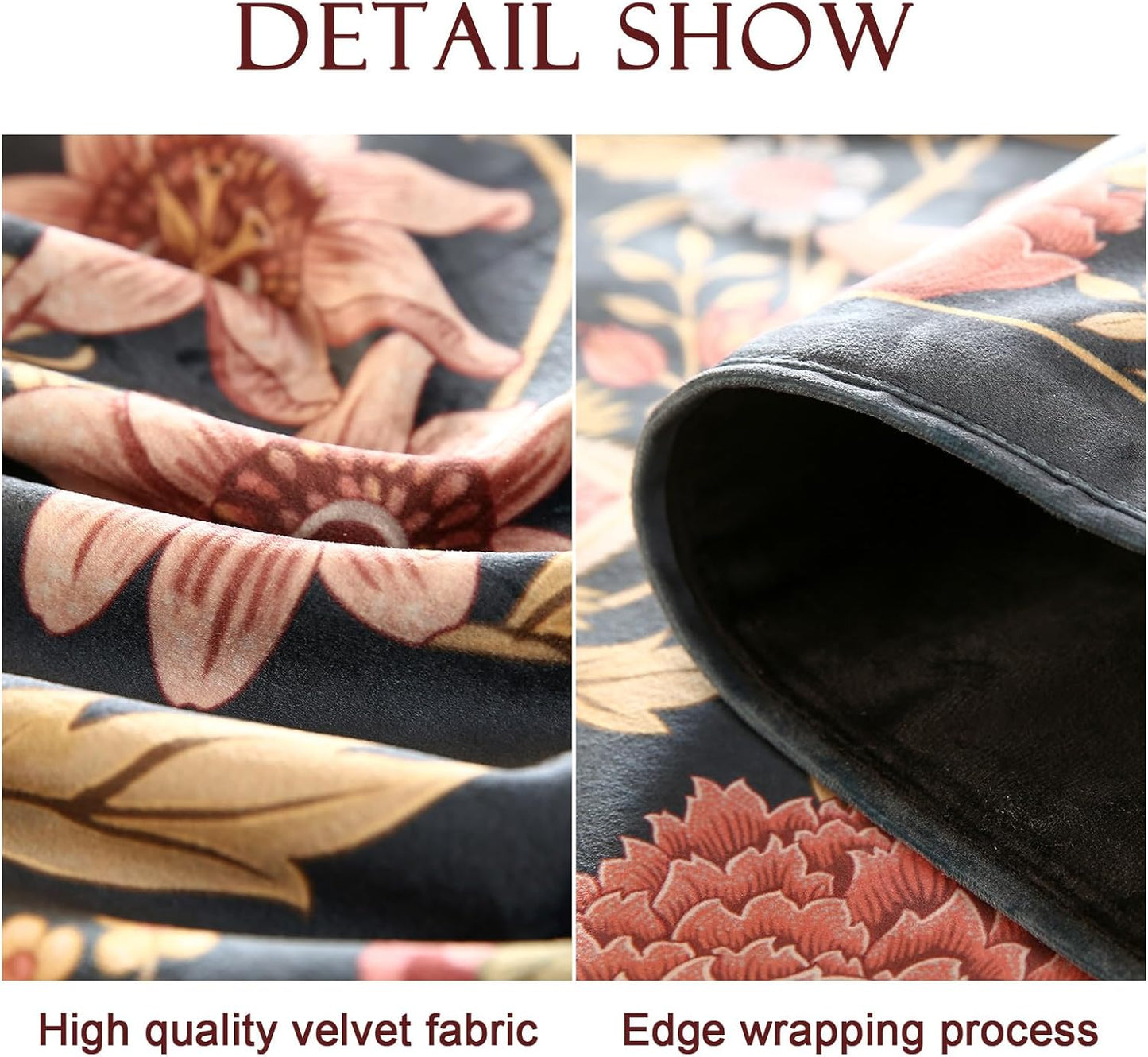 patdrea Designer Vintage Black Floral Velvet Table Runner 87 Inch Long, Pink Khaki Bouquets Pattern Table Mat, Decoration for Kitchen Dining Coffee Table Cabinet Banquet Thanksgiving,12"*87"