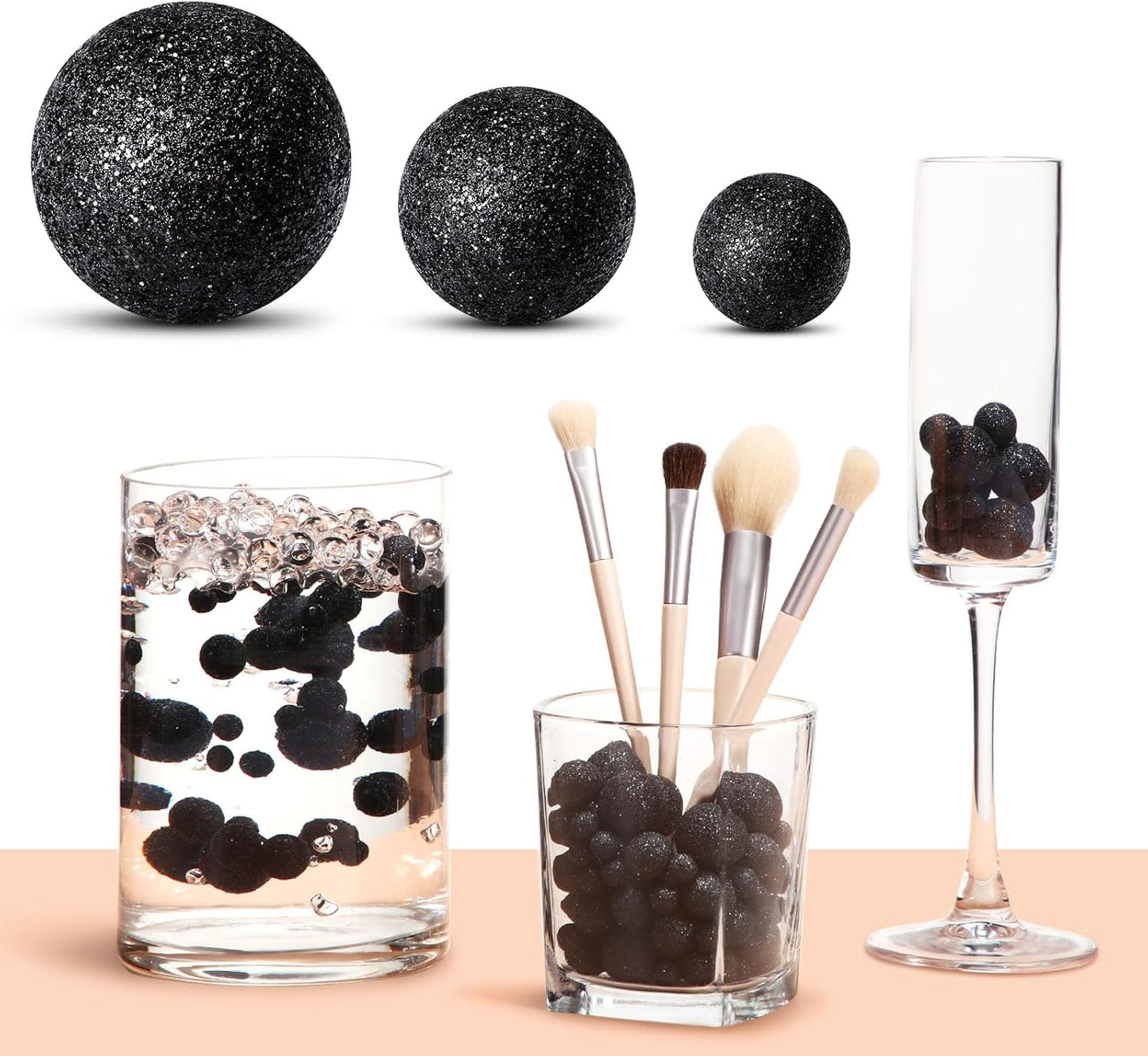 150 Pieces Vase Filler Faux Pearls Vase Makeup Beads No Hole Gloss Bead Mixed Sizes Round Pearl for Home Party Wedding Decor, 8/14/20 mm(Glitter Black)