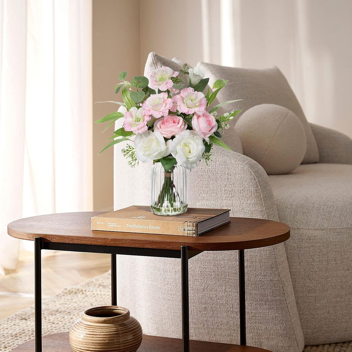 Hollyone Fake Flowers in Vase with Faux Water Artificial Silk Rose Flowers Arrangement with Eucalyptus Plants with Vase Faux Silk Rose Flowers Bouquets Table Centerpieces Office Bathroom Home Decor