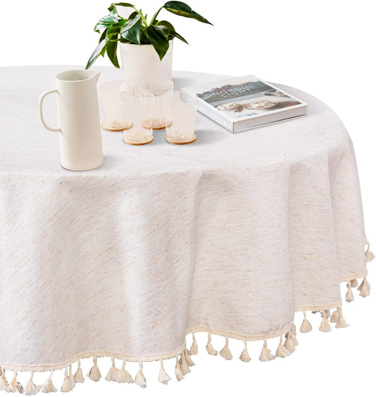 MYSKY HOME Table Cloth 60 in Round Cotton Tablecloth, Heavy Duty Linen Look Waterproof Tablecloths Farmhouse Tablecloth, Soft and Wrinkle Free Table Cover with Beige Tassels for Kitchen Dining, Party