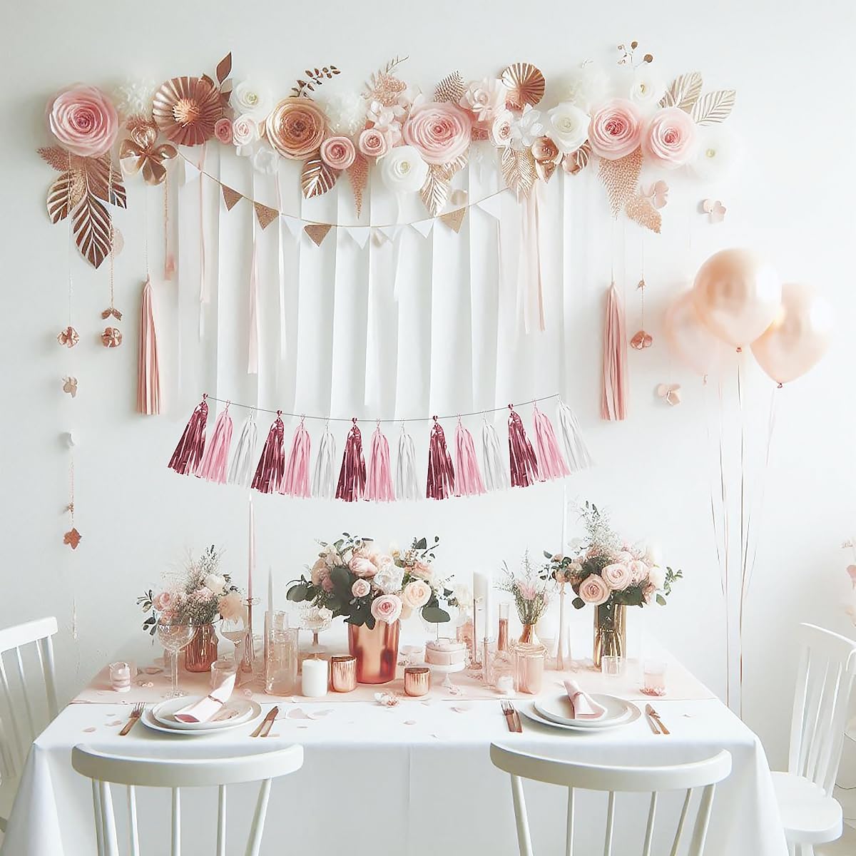 Rose-Gold Pink White Party Decorations - 15Pcs Tissue Paper Tassel Garland Birthday Decorations Valentines Day Decorations Baby Girl Shower Women Bridal Wedding Engagement Bachelorette HongTongTong