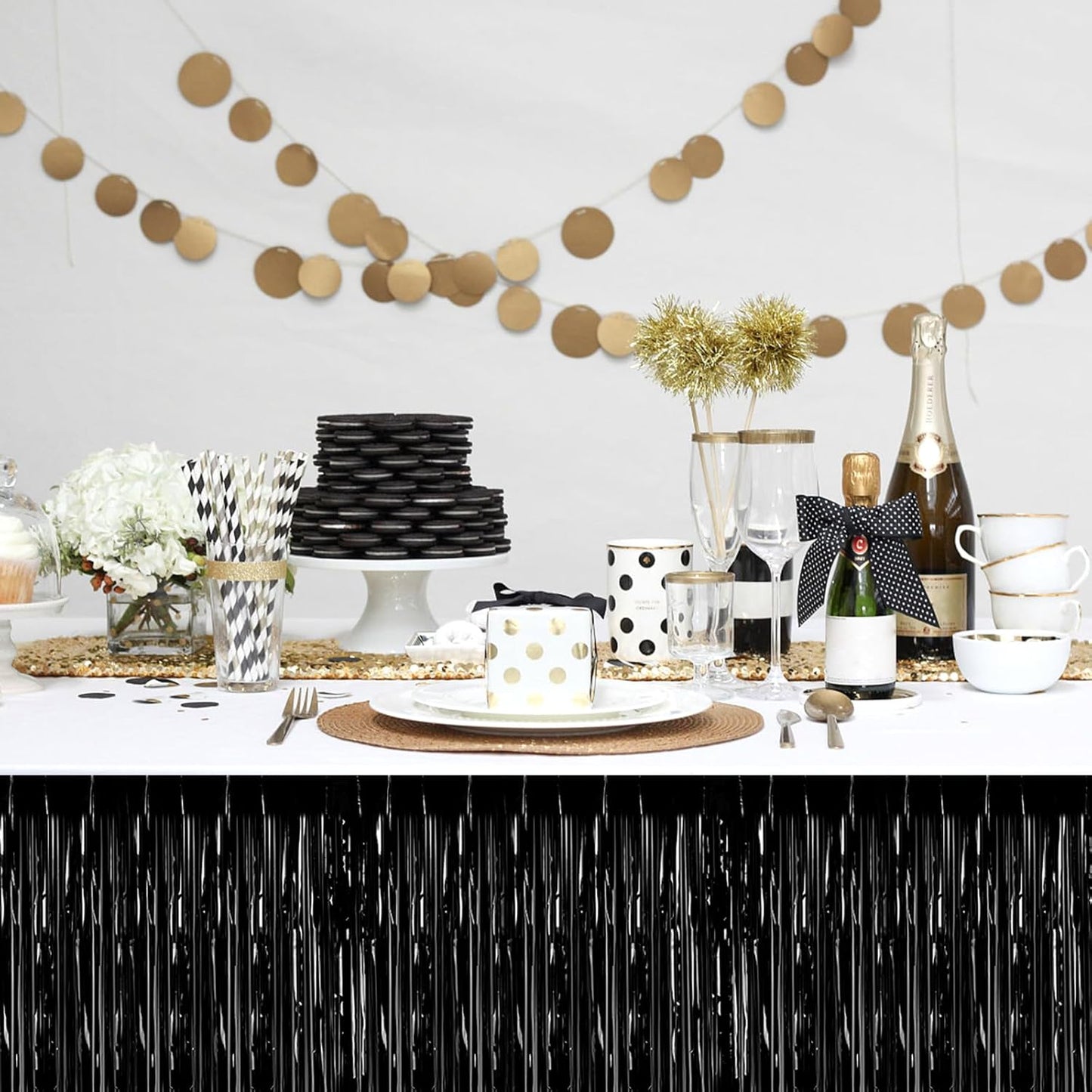 3 Pack 29x108 Inch Black Foil Fringe Table Skirts Metallic Banner for Tinsel Streamer Garland Backdrop for Parade Floats Wedding Thanksgiving Birthday Christmas Halloween Party Decoration