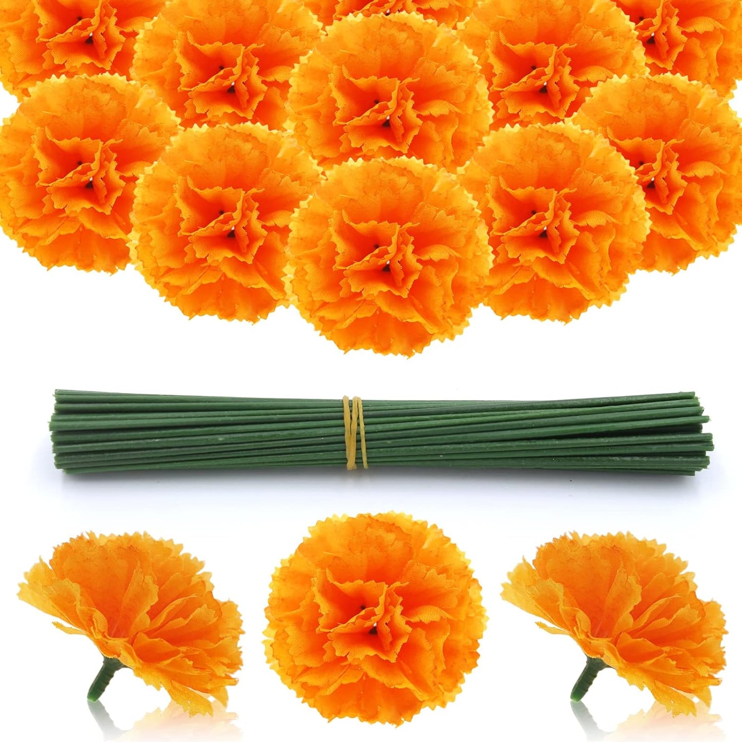 Hananona 101 Pcs Marigold Flower Heads Bulk, Silk Marigolds with Stems Artificial Mexican Flowers for Diwali Day of The Dead Dia De Los Muertos Ofrenda Decor