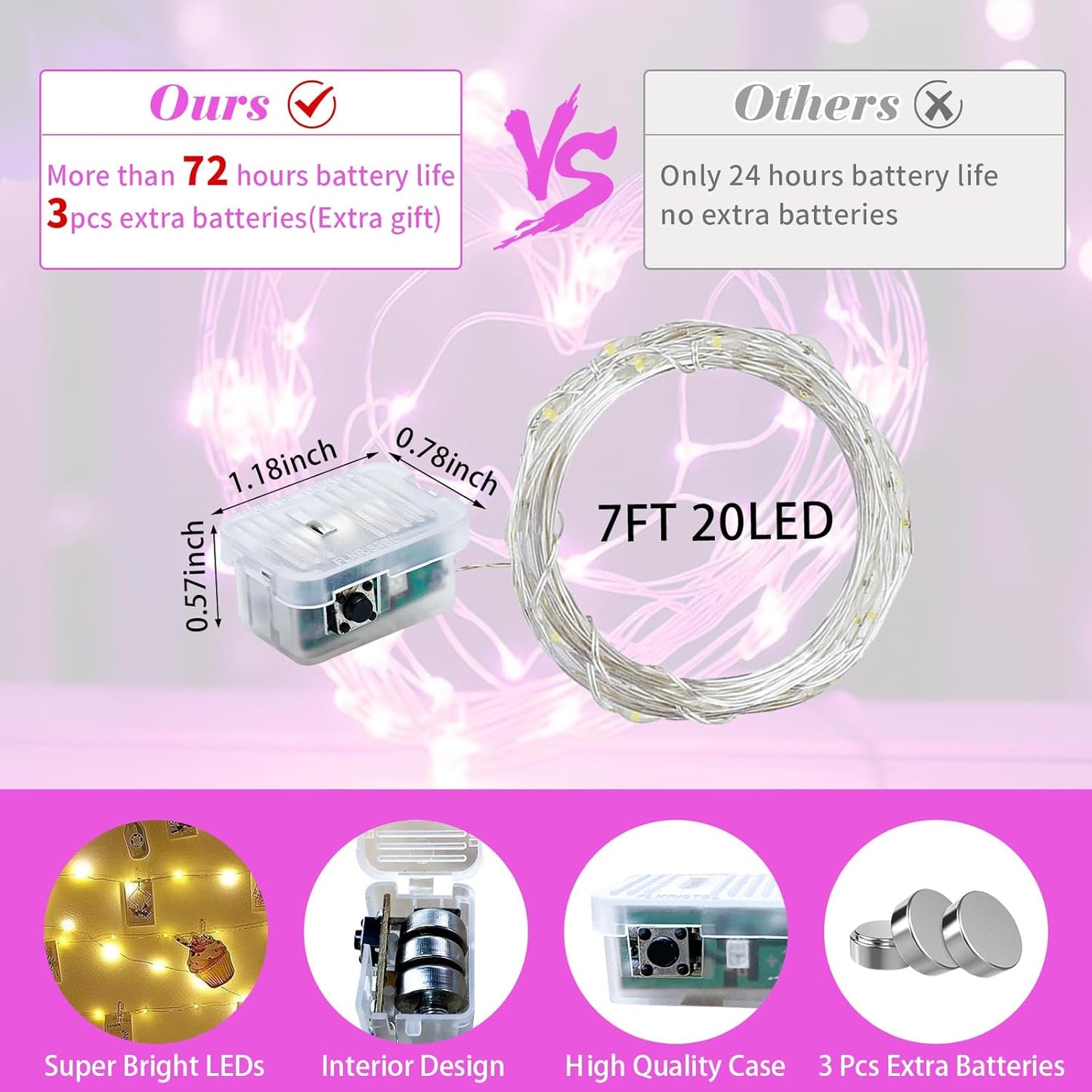 12 Pack Pink Fairy Lights 7Ft 20 LED Twinkle String Lights 3 Modes Battery Operated Waterproof Firefly Starry for Mason Jar Party Wedding Christmas Valentines Day Table Centerpieces