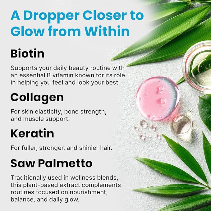 Liquid Collagen Peptides for Women - Serum Complex with Biotin Vitamin, Hydrolyzed Keratin Protein and Saw Palmetto - Comprehensive Formula for Hair, Skin, and Nails Wellness - 2fl oz (Pack of 2)