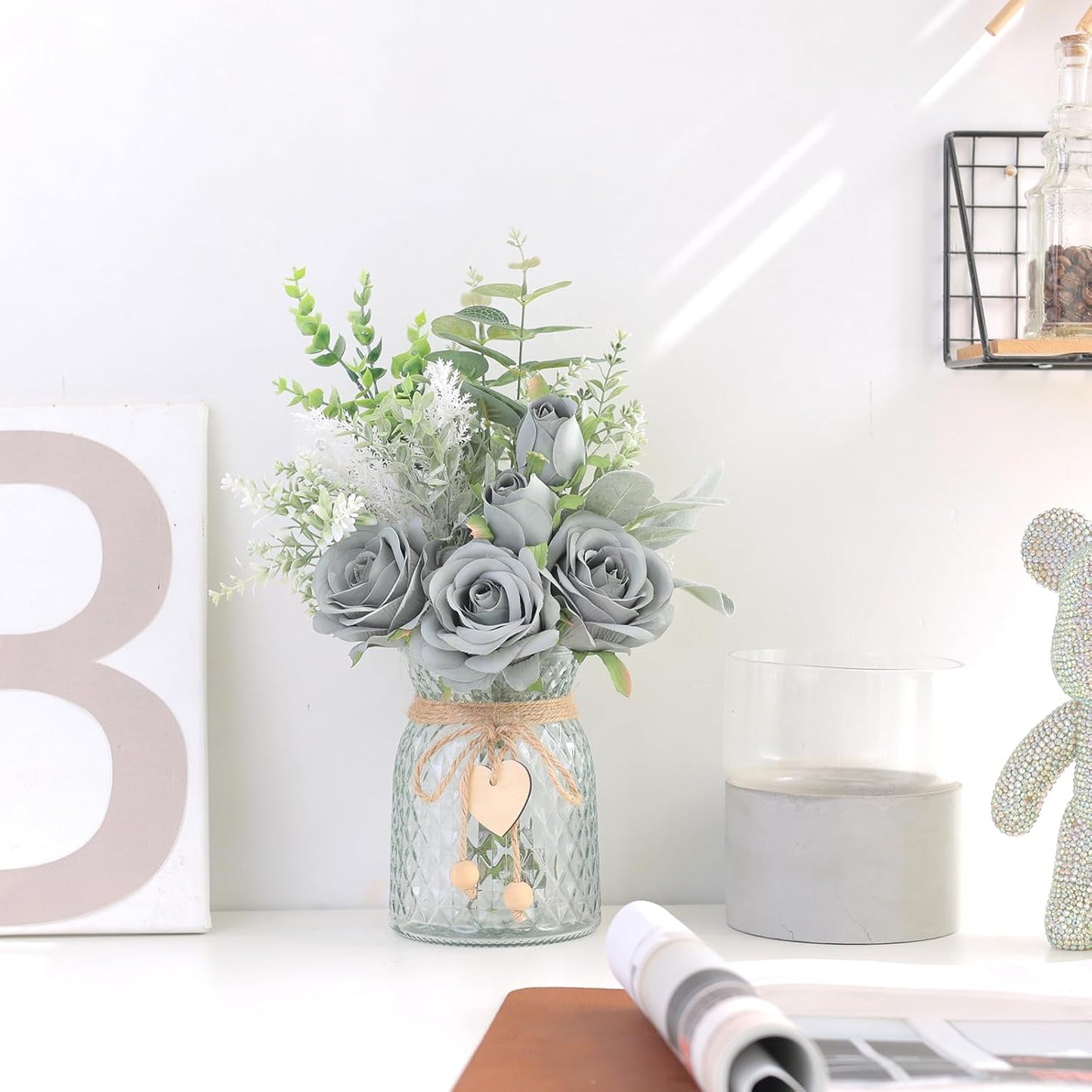 Faux Flowers with Vase,Artificial Silk Roses in Vase, Fake Plant Eucalyptus Flower Arrangement for Home Office Farmhouse Bathroom Dining Table Centerpiece Decorations Coffee Table Decor (Grey Blue)