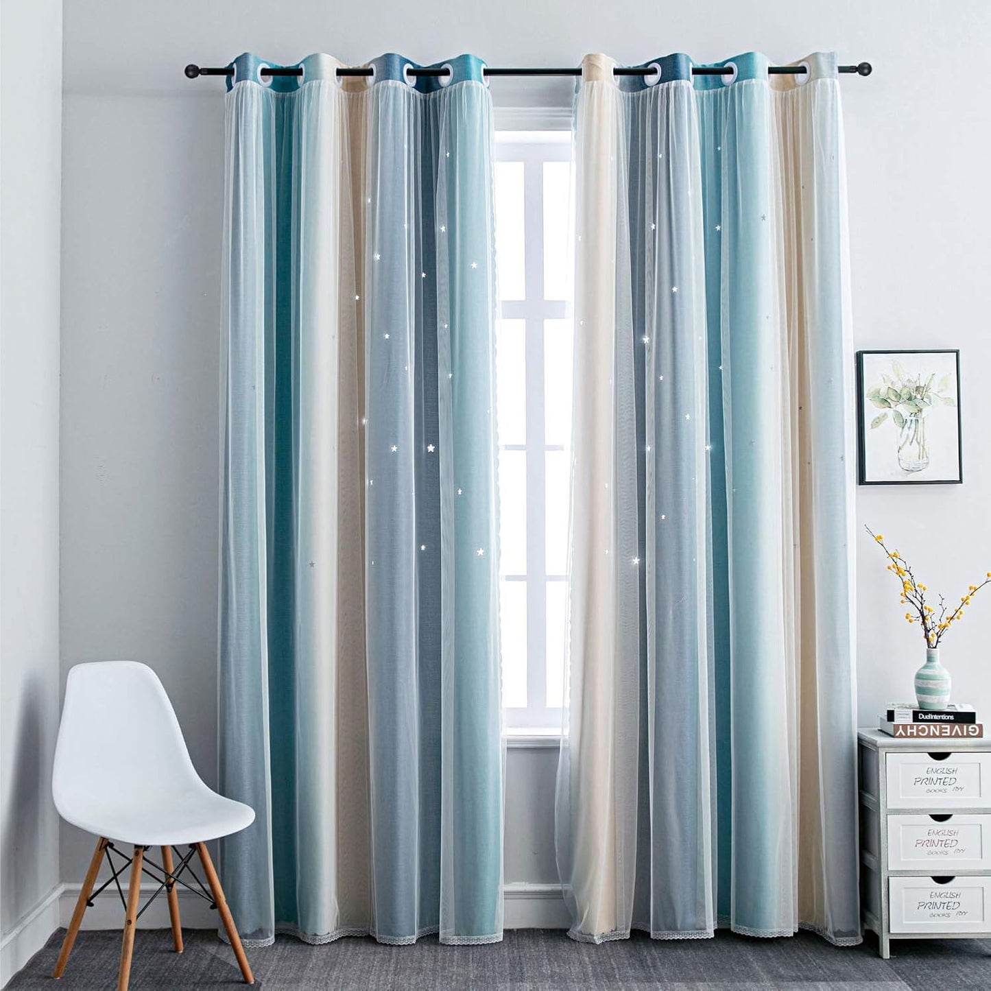 FANLI Ombre Rainbow Blackout Curtains for Kid Girls Bedroom Living Room Darking Stripe Double Layer Star Cut Out Wall Home Decor Gradient Grommet Window Curtains (Blue/Yellow, 52W x 72L)