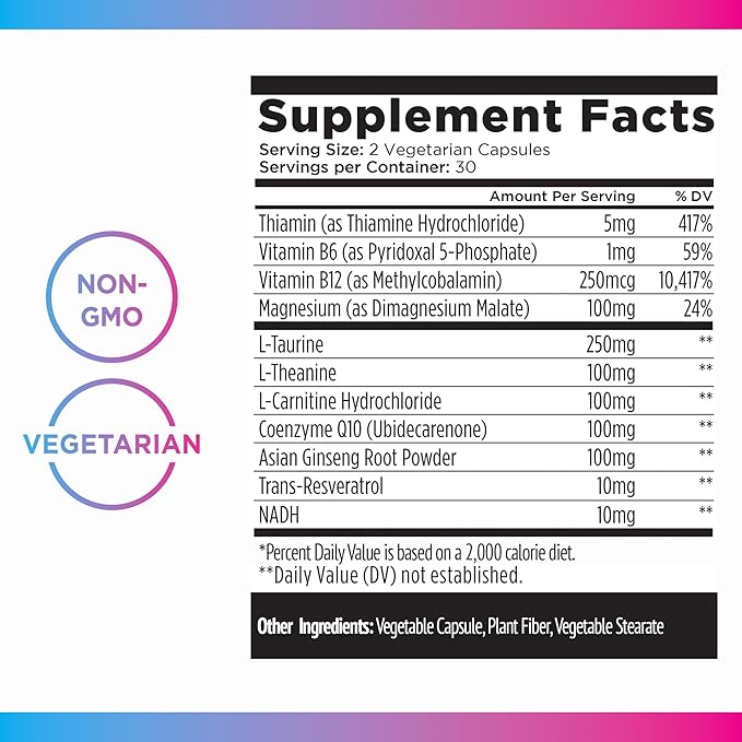 Livingood Daily Energy Support, 11-in-1 Supplement with Magnesium, Vitamin B6, B12, Amino Acids, L Carnitine, CoQ10, Ginseng & L Theanine, Supports Natural Energy for Men & Women, Vegan, 60 Capsules