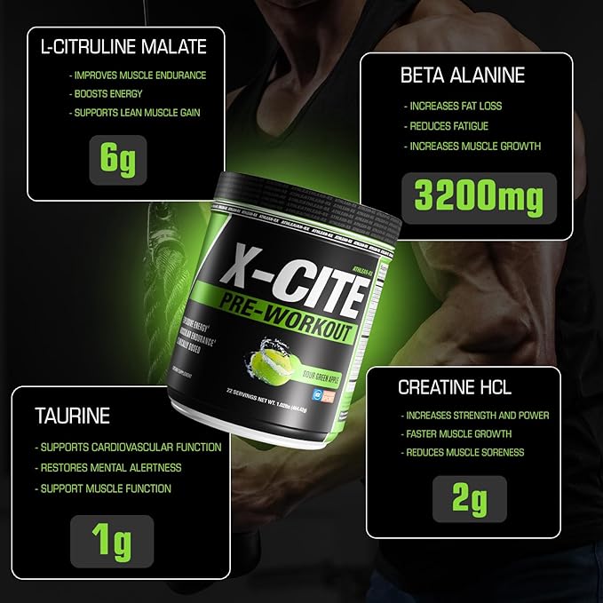 X-CITE Pre-Workout by ATHLEAN-X - Enhanced Formula with Beta-Alanine, Creatine & Caffeine for Ultimate Energy, Endurance, Focus & Muscle Pump, NSF Certified for Sports (22 Servings, Sour Green Apple)