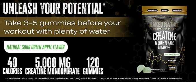 Creatine Monohydrate Gummies 5000 MG, Chewable Gummies for Men & Women, Increase Strength & Build Muscle, Energy Boost, Gluten-Free, Sugar-Free, Vegan - 120 Count Green Apple Flavor