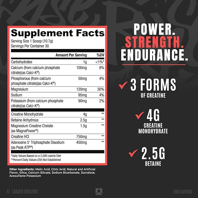 RYSE Loaded Creatine for Men & Women - Unflavored - Muscle Building Formula with 3 Forms of Electrolytes, Betaine Anhydrous and Peak ATP - Strength, Power & Endurance Support - 30 Servings