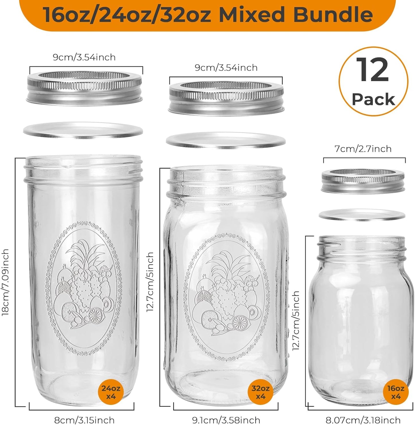 CycleMore Mason Jars Bundle, 12 Pack J Canning Jars With Bands and Lids, Ideal for Jam, Honey, Wedding/Shower Favors, DIY & Oats - 32 OZ x 4, 24 OZ x 4, 16 OZ x 4 (16oz - 24oz - 32oz)