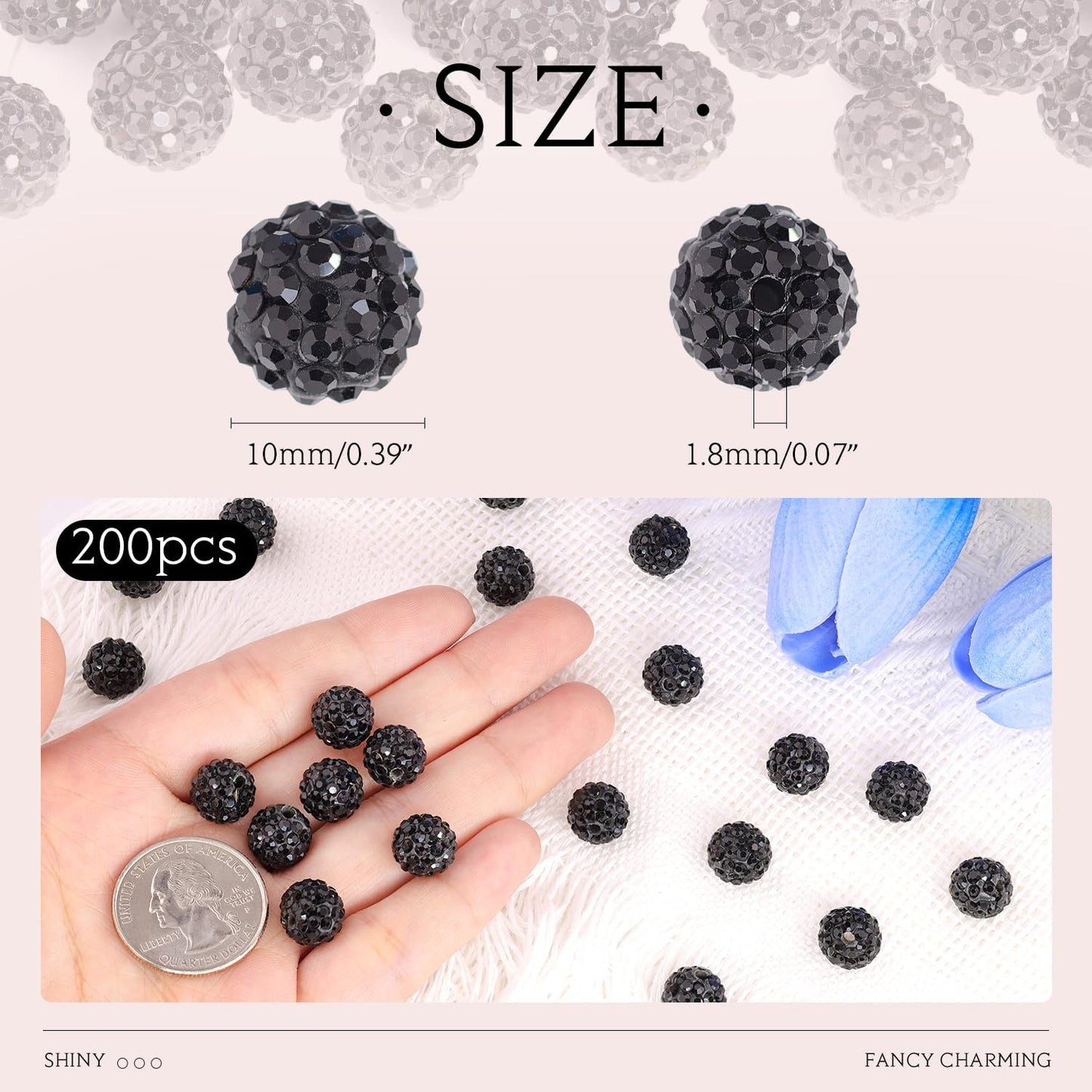 200pcs 10mm Black Rhinestone Beads for Jewelry Making, Shiny Round Shamballa Disco Ball Beads Bulk, Sparkle Crystal Clay Christmas for Bracelet Baseball Necklace Earring Crafting and DIY