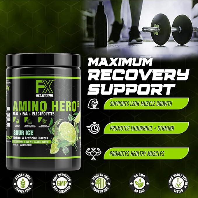 FXSUPPS Amino Hero Sour Ice Flavor (50 Servings) | Post-Workout Recovery Drink for Men and Women | Energy Powder Mix with BCAA, EAA, and Electrolytes | Promotes Endurance and Healthy Muscles - 2 Pack