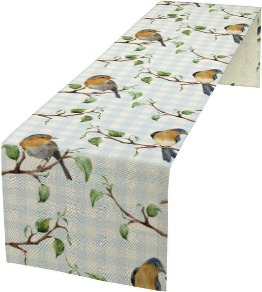 Bird Table Runner,Spring Birds Tree Blue Plaid Print Table Runner for Kitchen Dining Table Decoration Home Party Decor 13x120 Inch
