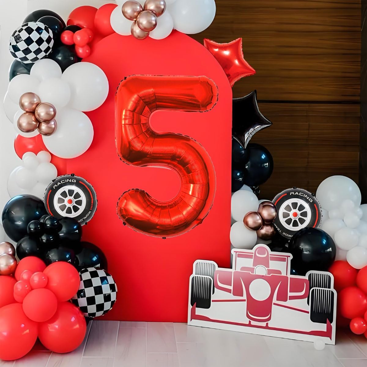 Race Car Birthday Party Decorations - 40 Inch Mylar Red Number 5 Balloons - Black Foil Checkered Race Car Balloons for 5st Birthday Race Cars Themed Party Decorations