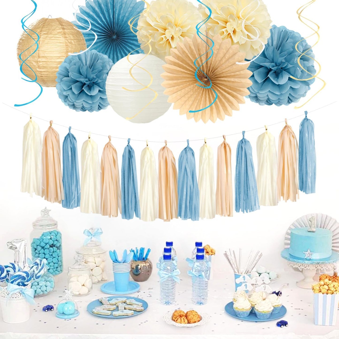 Light-Dusty Blue 18th Happy-Birthday Party-Decorations - 31pcs Women Girls Paper Lanterns Streamers Banner,Tissue Pom Poms Fans Tassels Graland Decor,Beige Champagne Wall Backdrop Supplies Hugmoon