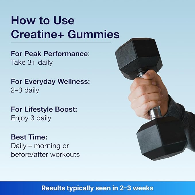 Creatine Gummies for Men & Women - Creapure® Creatine Monohydrate, L-Theanine, L-Tyrosine & B12 for Muscle Growth, Strength, Focus, Energy & Health - Low Calorie, Sugar-Free, & Vegan