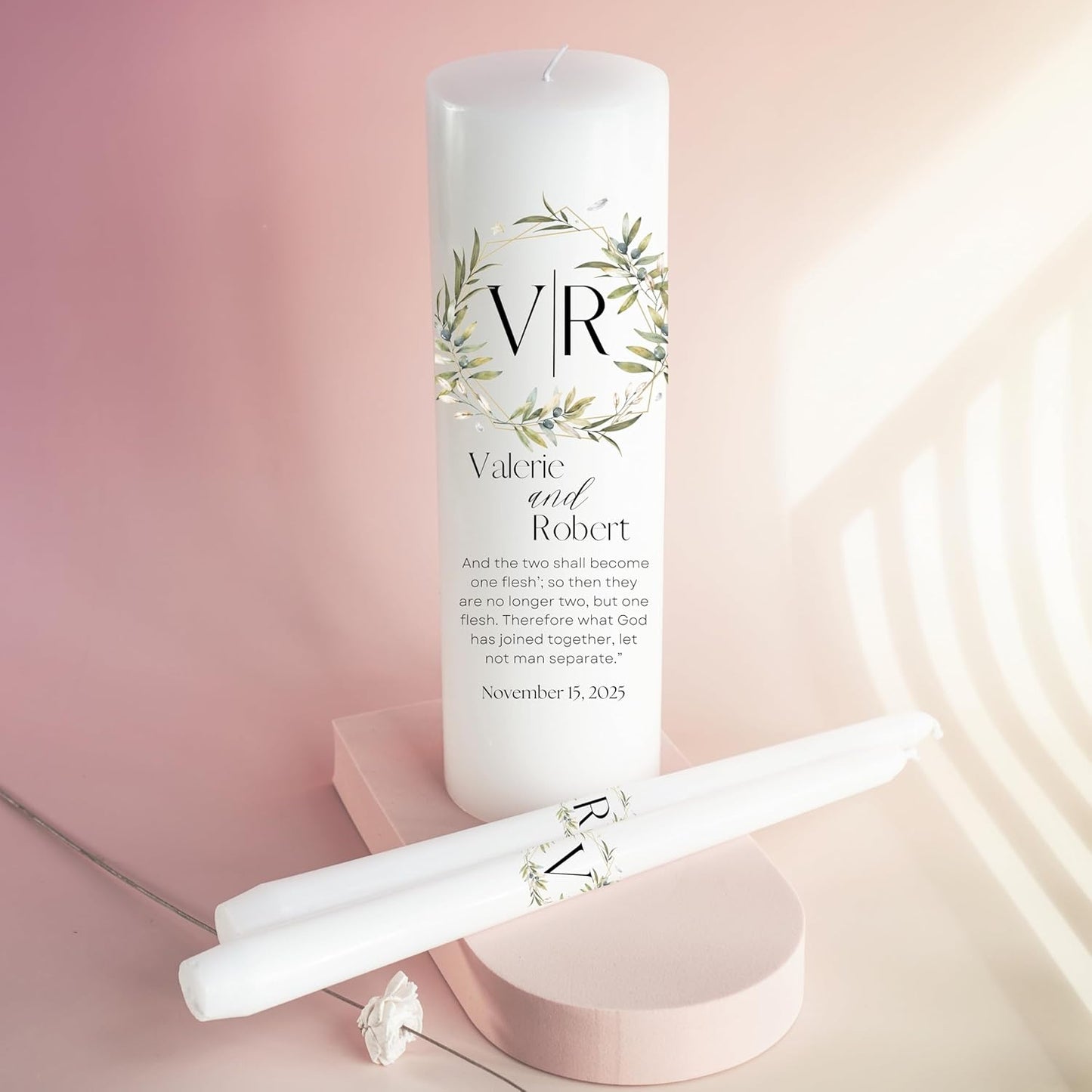 Unity Candles for Wedding, Modern Unity Set, Custom and Personalized Pillar and Taper Candles with Bible Quote, Unscented White Premium Wax, Religious and Wedding Ceremony, Special Events (Garden)