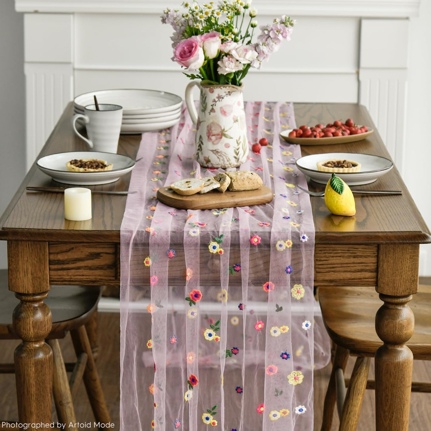 Artoid Mode Pink Embroidery Daisy Gauze Table Runner 120 Inch 10FT, Seasonal Sheer Kitchen Dining Holiday Wedding Birthday Table Decor for Home Party