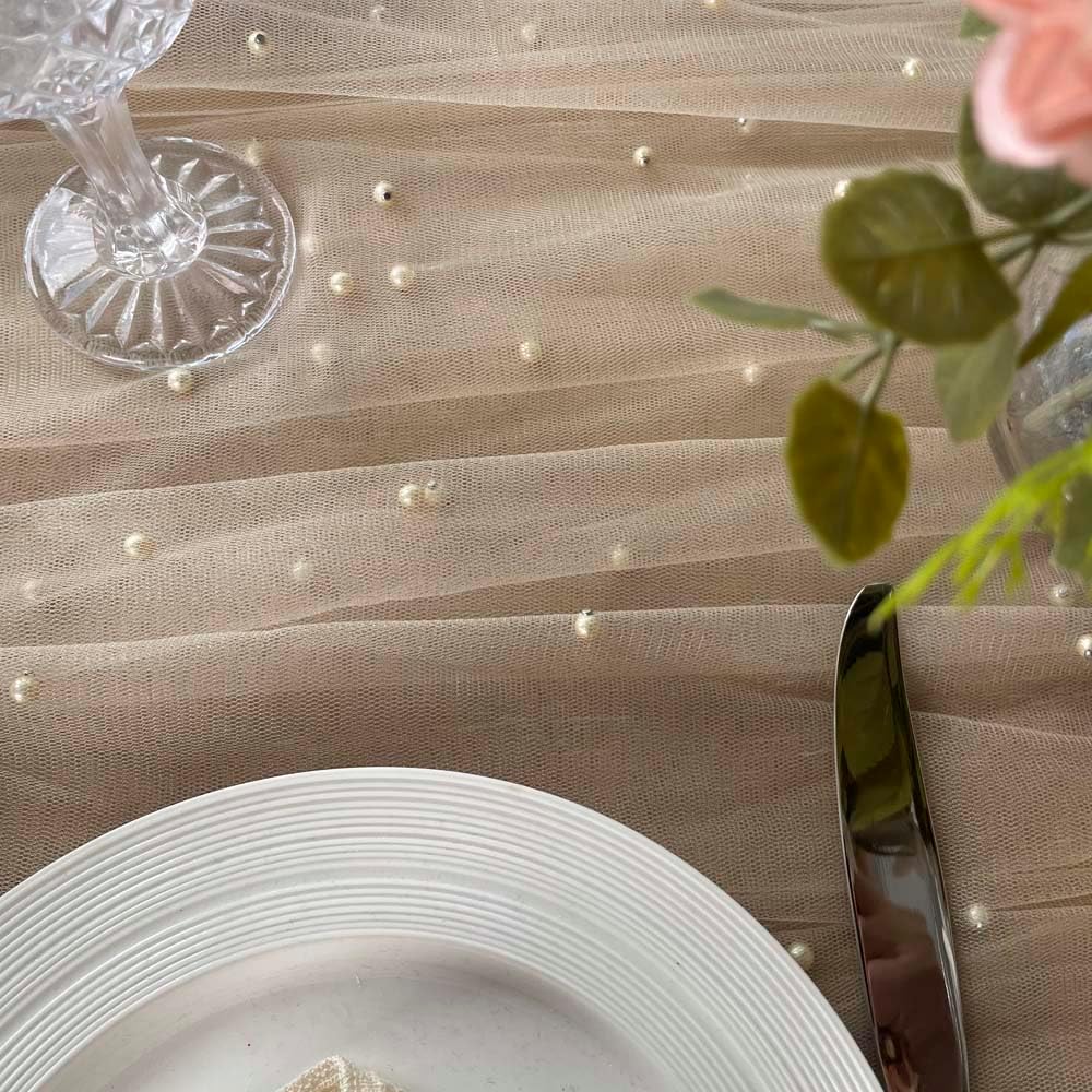 EHLDekol Pearl Table Cloth Elegant Polyester Table Runner with Artificial Pearl Accents Extra Long 10 ft 60 x 120 Inches Pearl Tulle Table Runner for Wedding (60inch Width,Champagne, 4Packs)