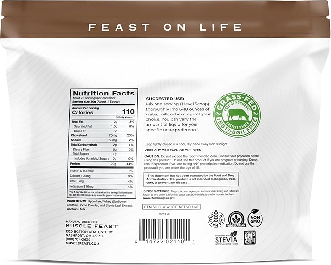 Muscle Feast Hydrolyzed Whey Protein Powder, Grass Fed and All Natural Hormone-Free, Hydro Whey Powder for Men and Women, Gluten Free, Non-GMO, Delicious Hydrolyzed Protein Powder, Chocolate, 5lb