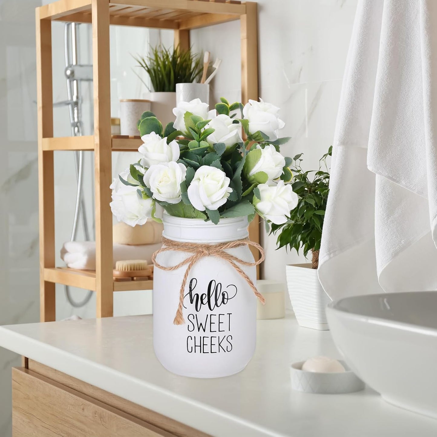 XunYee Farmhouse Bathroom Decor Hello Sweet Cheeks Sign Mason Jar with Flowers 16.9 oz White Mason Jar Centerpiece Table Rustic Decor for Restroom Bathroom Shelf Bridal Shower Kitchen