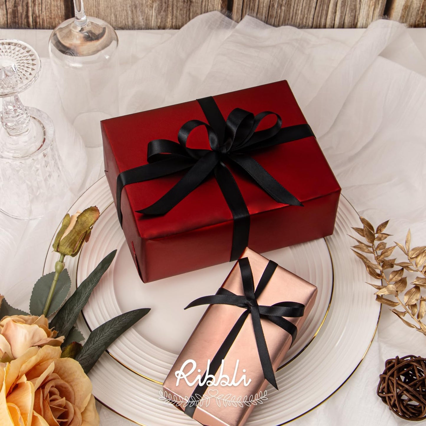 Ribbli Double Faced Black Satin Ribbon,3/8” x Continuous 25 Yards,Use for Bows Bouquet,Gift Wrapping,Floral Arrangement