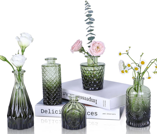 Glass Bud Vases Set of 5, Mini Flower Vase for Centerpieces, Small Clear Vases in Bulk for Wedding Decorations, Vintage Vase for Table, Recepetion, Home Décor (Green)