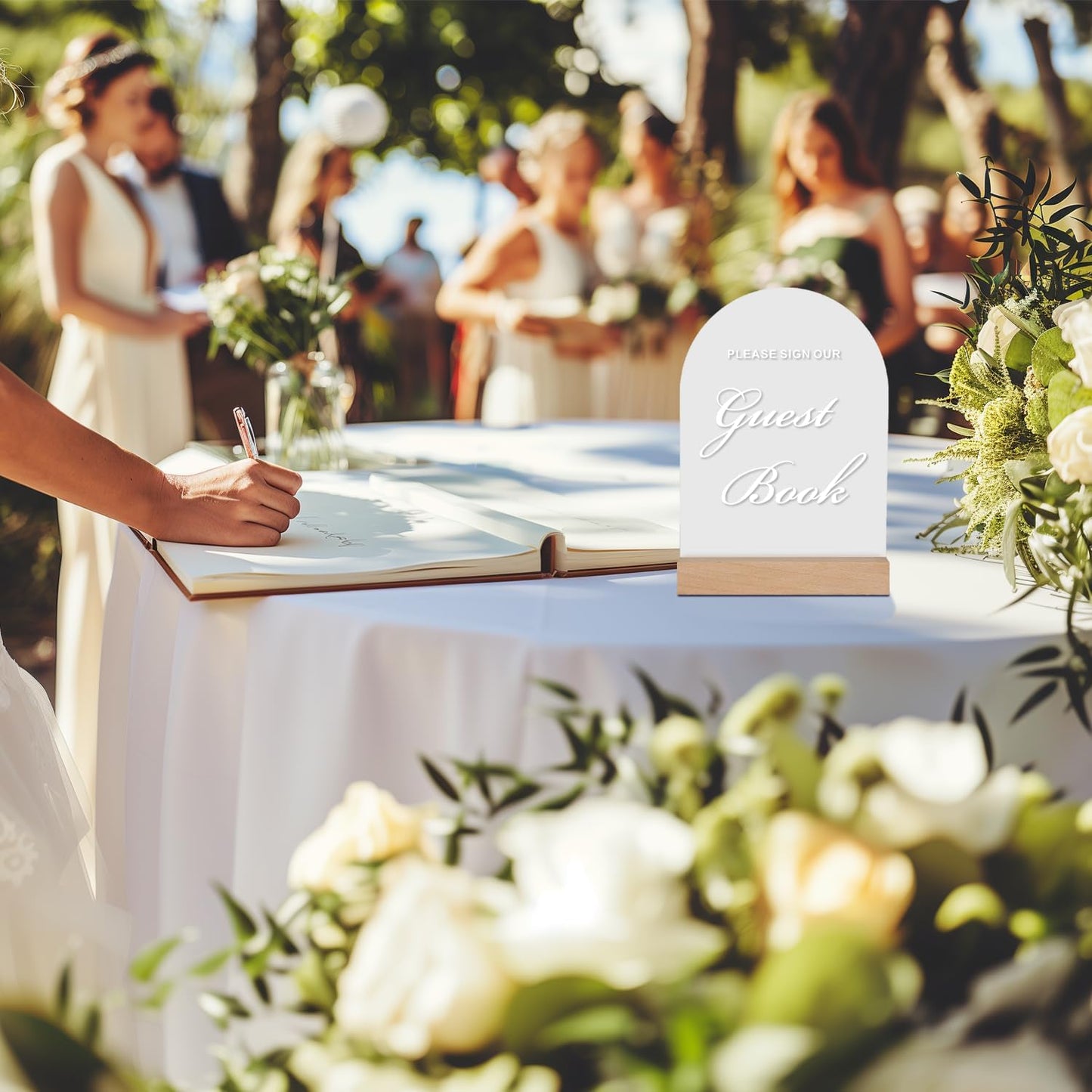 Wedding Guest Book Sign for Ceremony and Reception, Acrylic Wedding Signs with Wood Stand, 5x7" Frosted Arch Please Sign Our Guestbook sign, Perfect for Rustic Wedding Decoration, Party, Anniversary