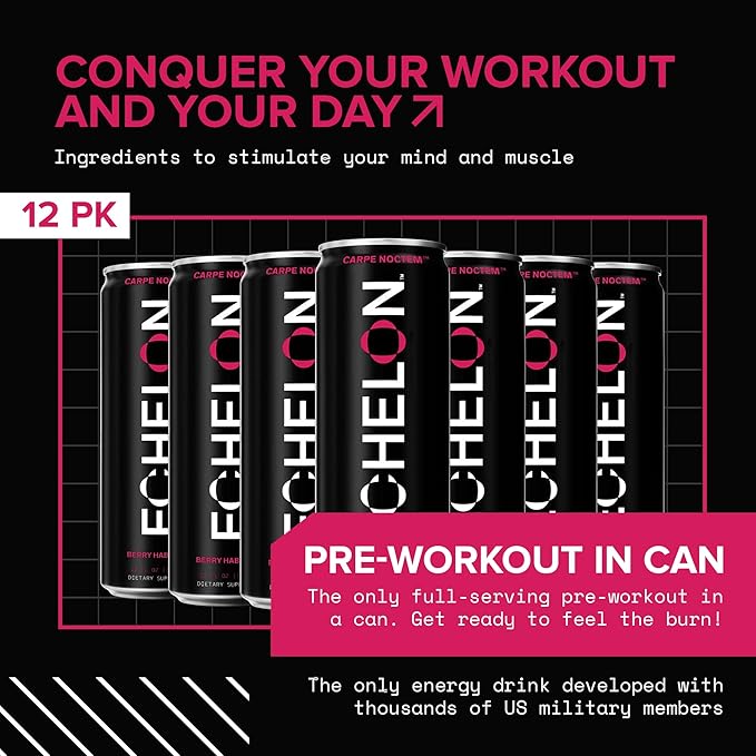 Echelon Pre-Workout Energy Drink - 12-Pack, Berry Habanero - Peak Performance, Sustained Energy, Focus and Endurance Dietary Supplement - 300mg of Caffeine, Beta-Alanine, L-Theanine & Fiber - Vegan