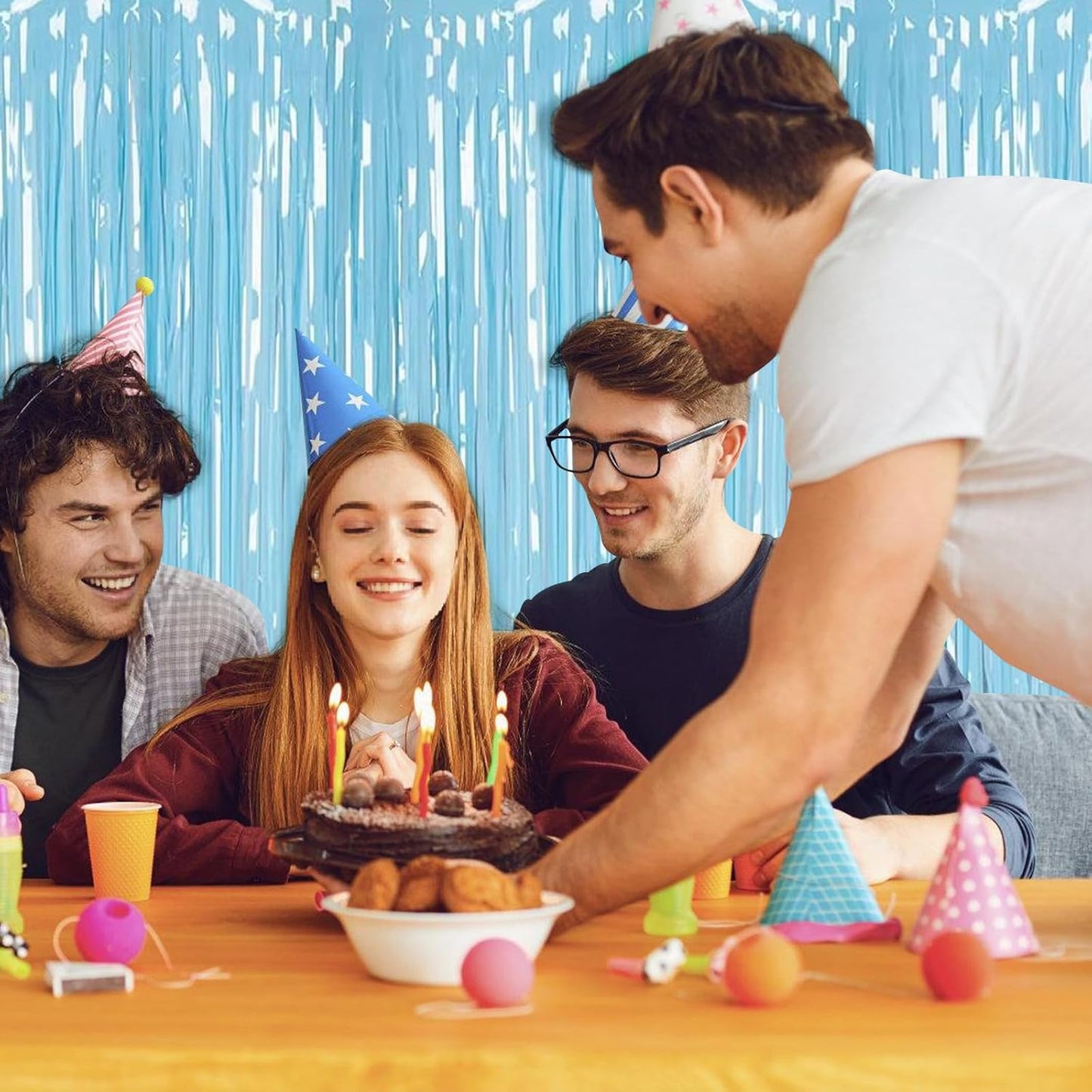 5 Pack Blue Foil Curtain Backdrop 3.2ft x 8.2ft Tinsel Foil Fringe Curtains Macaron Photo Booth Streamer Backdrop for Party Decorations Birthday Baby Shower Bachelorette Holiday Decor (Pastel Blue)