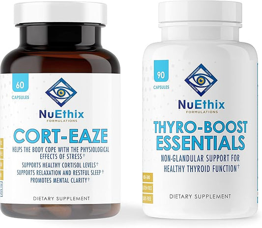 NuEthix Formulations Cortisol and Thyroid Support Supplement Bundle: Cort-Eaze Cortisol-Control Supplement, 60 Capsules, 30 Servings and Thyro-Boost Essentials, 90 Capsules