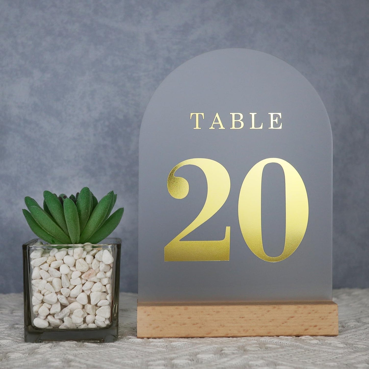 Wedding Table Numbers 1-20, Acrylic Arch Signs with Natural Wood Stands Holders, Rustic Table Decor for Reception & Parties (Frosted Gold)