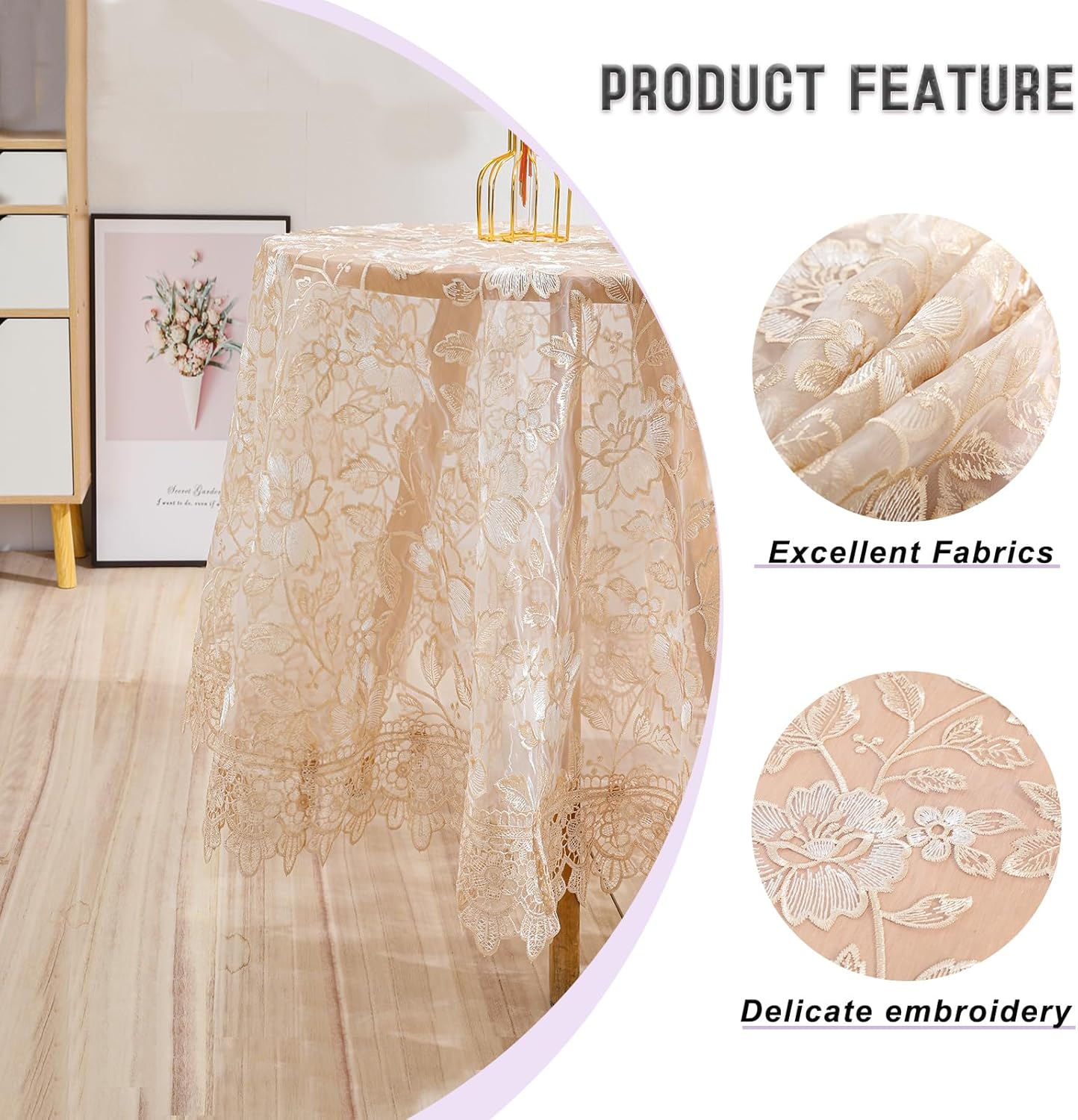 Round Embroidered Lace Tablecloth Vintage Decorative Exquisite Border Table Cover for Party Wedding Home Decorations, Round-70, Beige