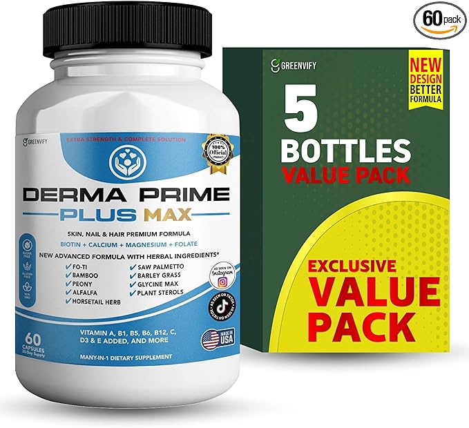 Derma Prime Plus Max Hair Skin Nail Supplement, 60 Capsules, with Biotin 5000mcg, Vitamins, Minerals, Herbal Blend (5)