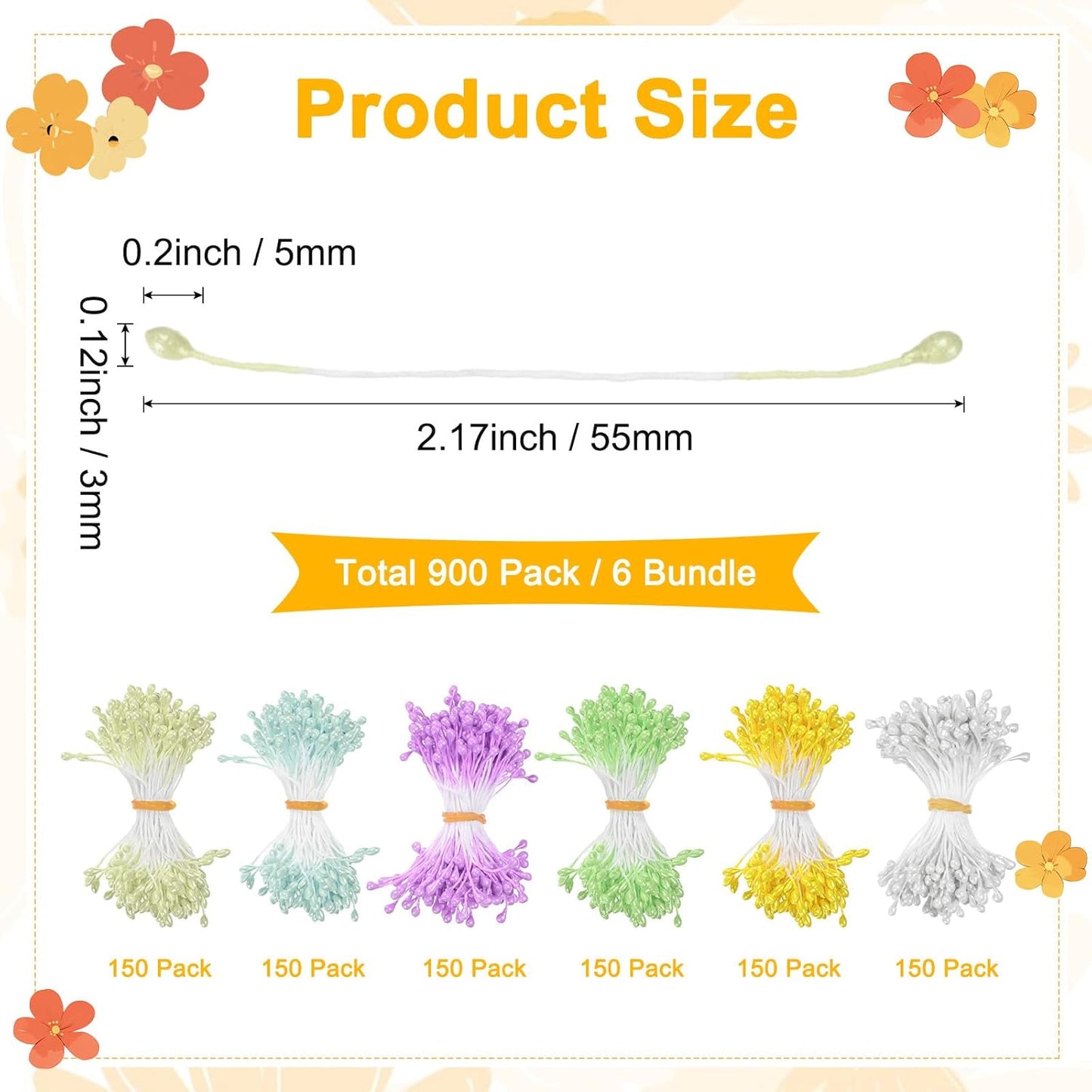 900-Pack Flower Stamens for Crafts, 5mm Double Heads Artificial Pearl Floral Pistil Mini Flower Pollens Stamens for DIY Making/Scrapbook Decoration [White and 5 Colors]