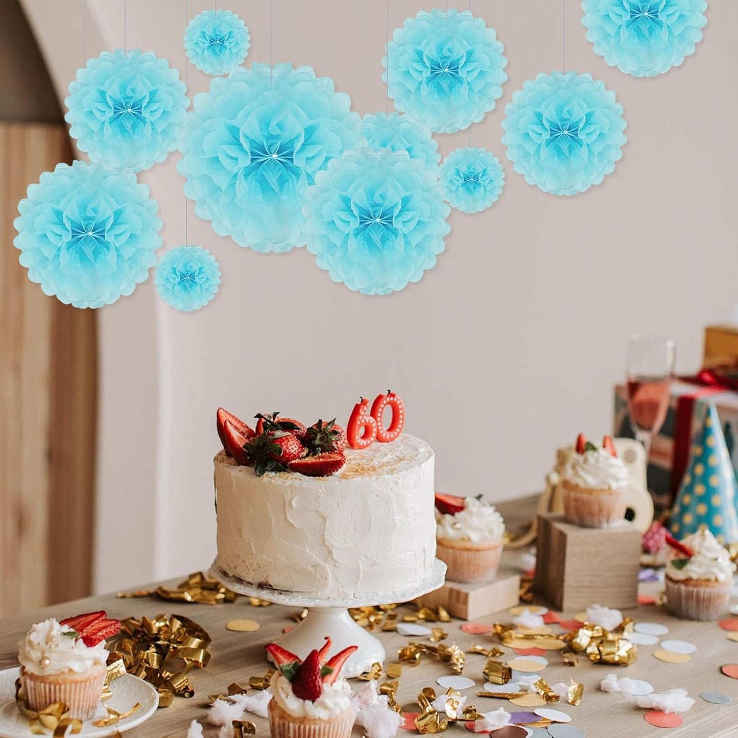 Tissue Paper Pom Poms, Light Blue Tissue Paper Flowers, Hanging Flower Balls for Weddings Fiesta Parties Birthday Baby Showers Classroom Bridal Shower Decoration (20Piece Set-6/10/12/14Inch)