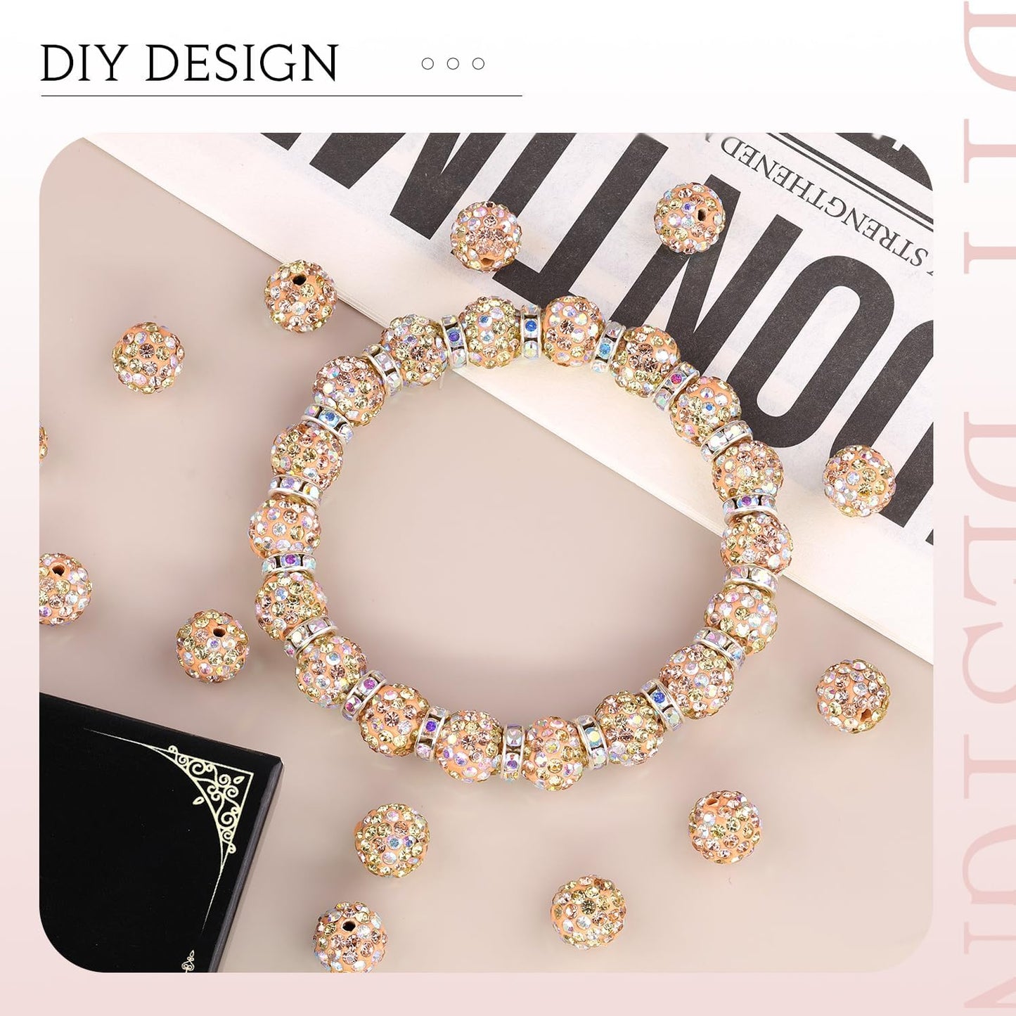 200pcs 10mm Light Peach AB Rhinestone Beads for Jewelry Making, Shiny Round Shamballa Disco Ball Beads, Sparkle Crystal Clay Christmas for Bracelet Baseball Necklace Earring Crafting and DIY