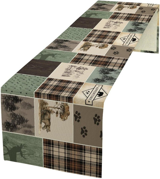 Bear Deer Table Runner,Rustic Lodge Retro Country Farmhouse Buffalo Plaid Print Tablecloth Burlap for Hotel Indoors Outdoor Dining Room Kitchen Home Decor,W13X L90 in