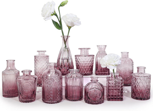 12pcs Glass Bud Vase Set, Small Purple Flower Vases for Centerpieces in Bulk, Mini Vintage Vase for Wedding, Home,Table Decoration