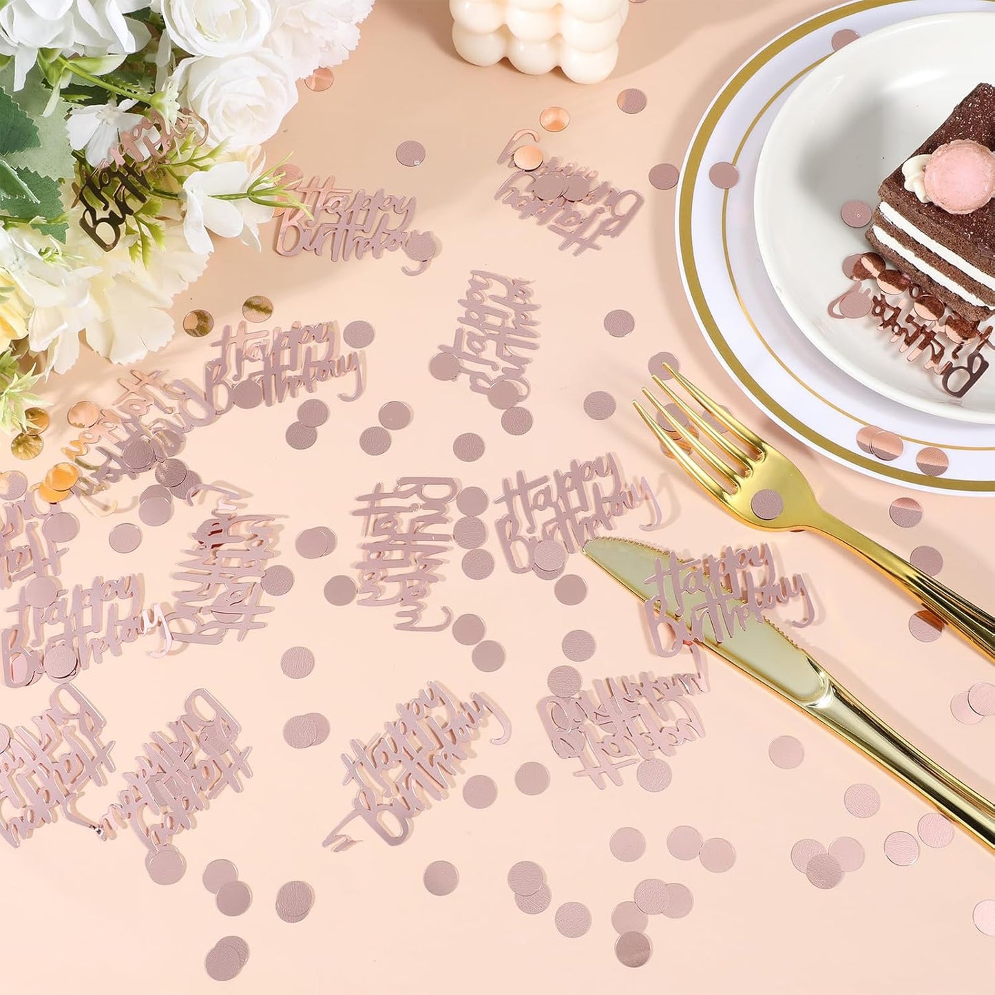 300pcs Rose Gold Happy Birthday Confetti for Table and Disc Glitter Confetti for Birthday Table Decor