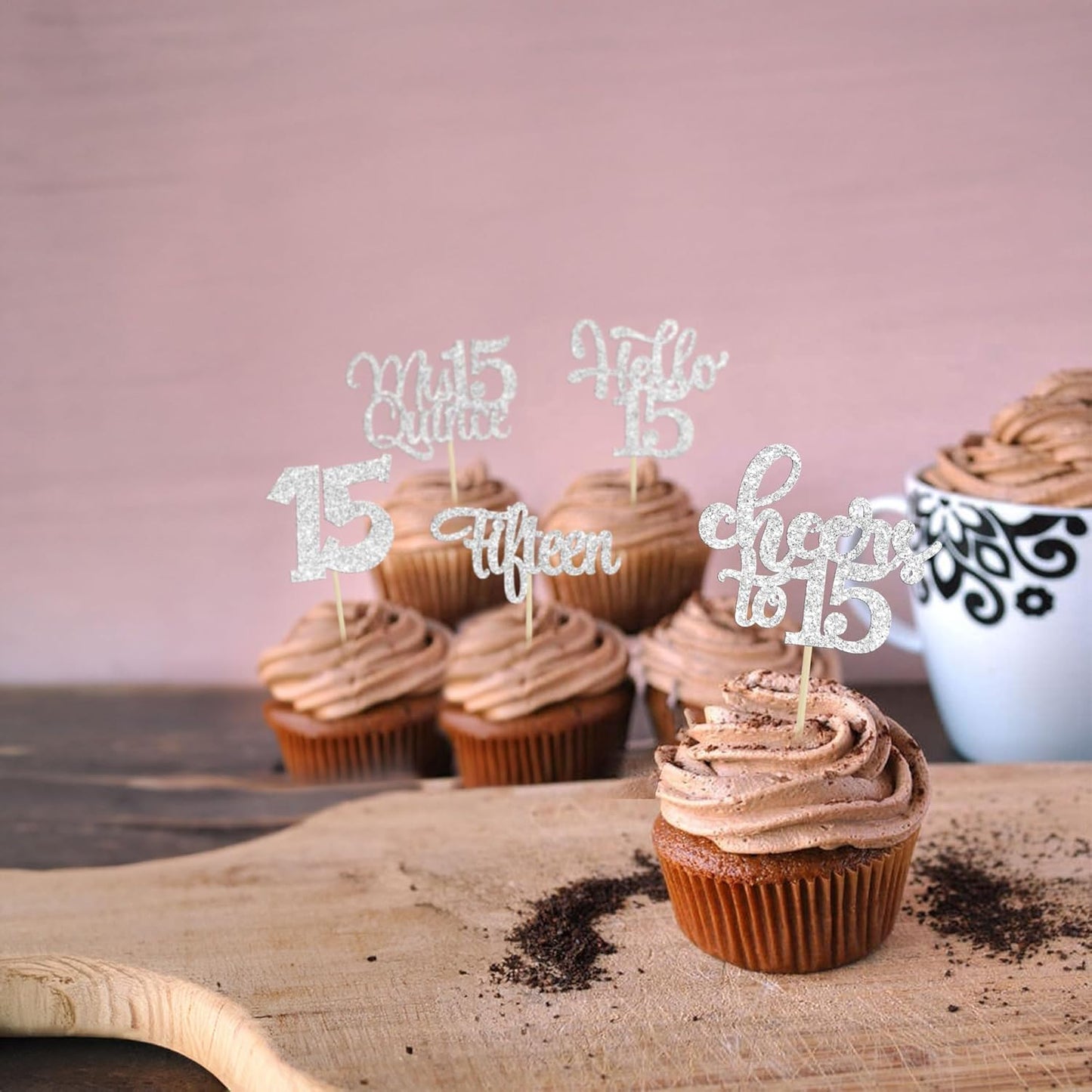 30Pcs 15th Birthday Cupcake Toppers Fifteen Cupcake Picks Cheers to 15 Years Old Mis Quince 15 Cake Decorations for 15th Birthday Anniversary Party Silver Glitter