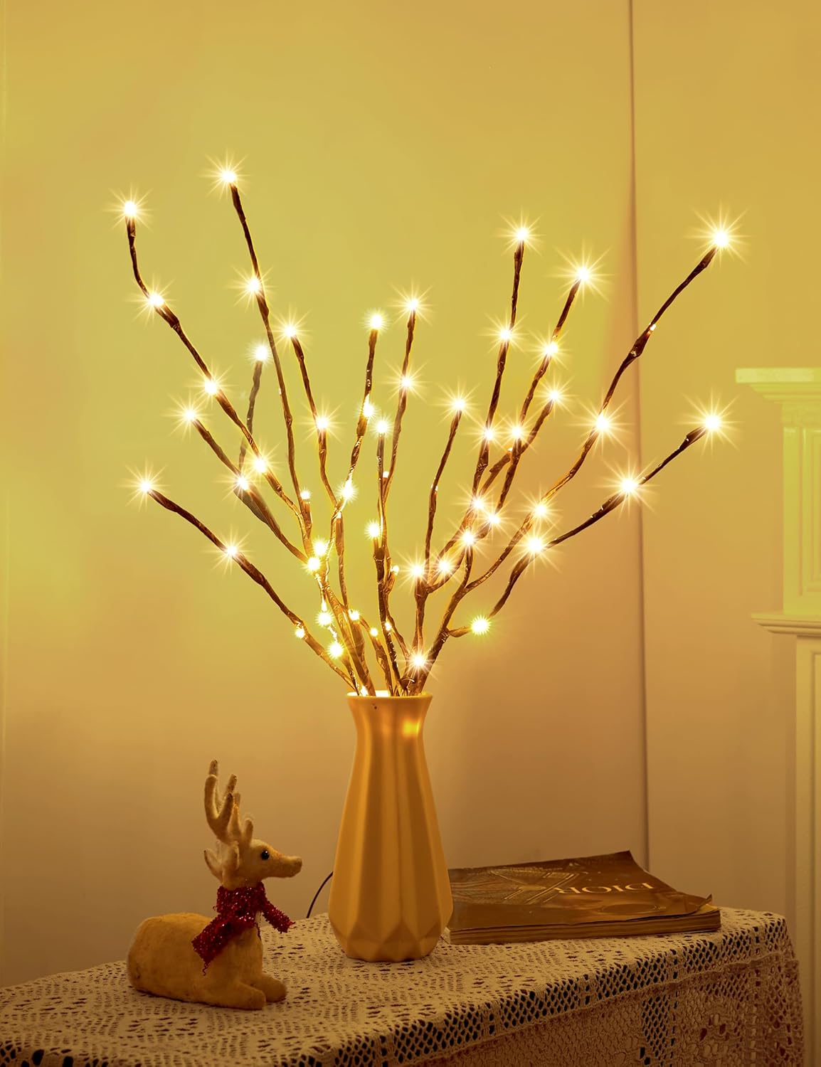 Lighted Branches for Vases Plug in - 3 Pack 24Inch 60 LED Christmas DIY Twig Pathway Lights, Artificial Tree Bendable Xmas Fairy Lights with Stakes for Outdoor Indoor Party Decoration, Warm White