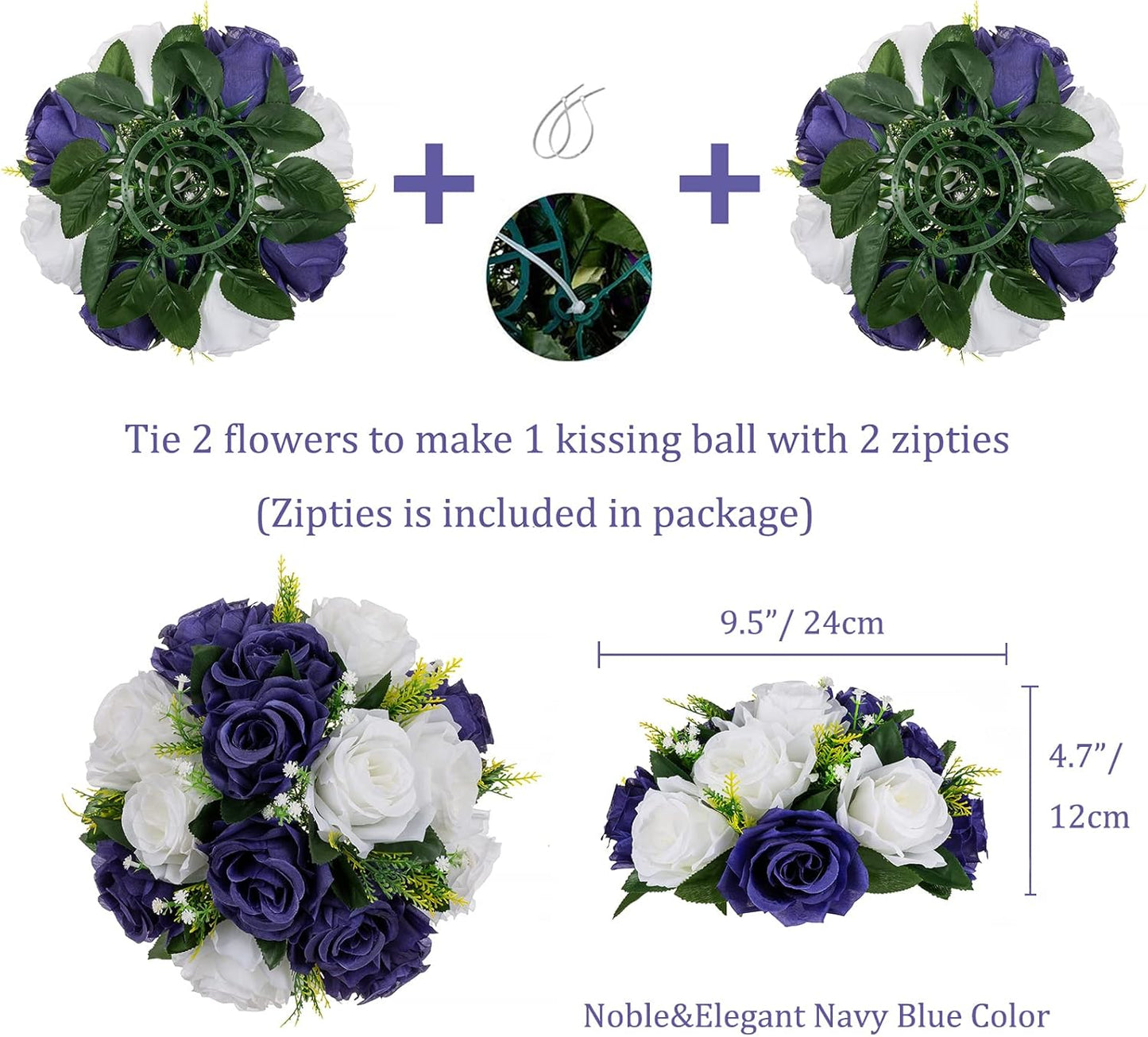 BLOSMON Navy Blue Rose Flowers: 2 Pcs Fake Floral Balls Centerpiece for Wedding Table Centerpieces - Artificial Silk Kissing Bouquet Flower Arrangement for Home Party Event Decor