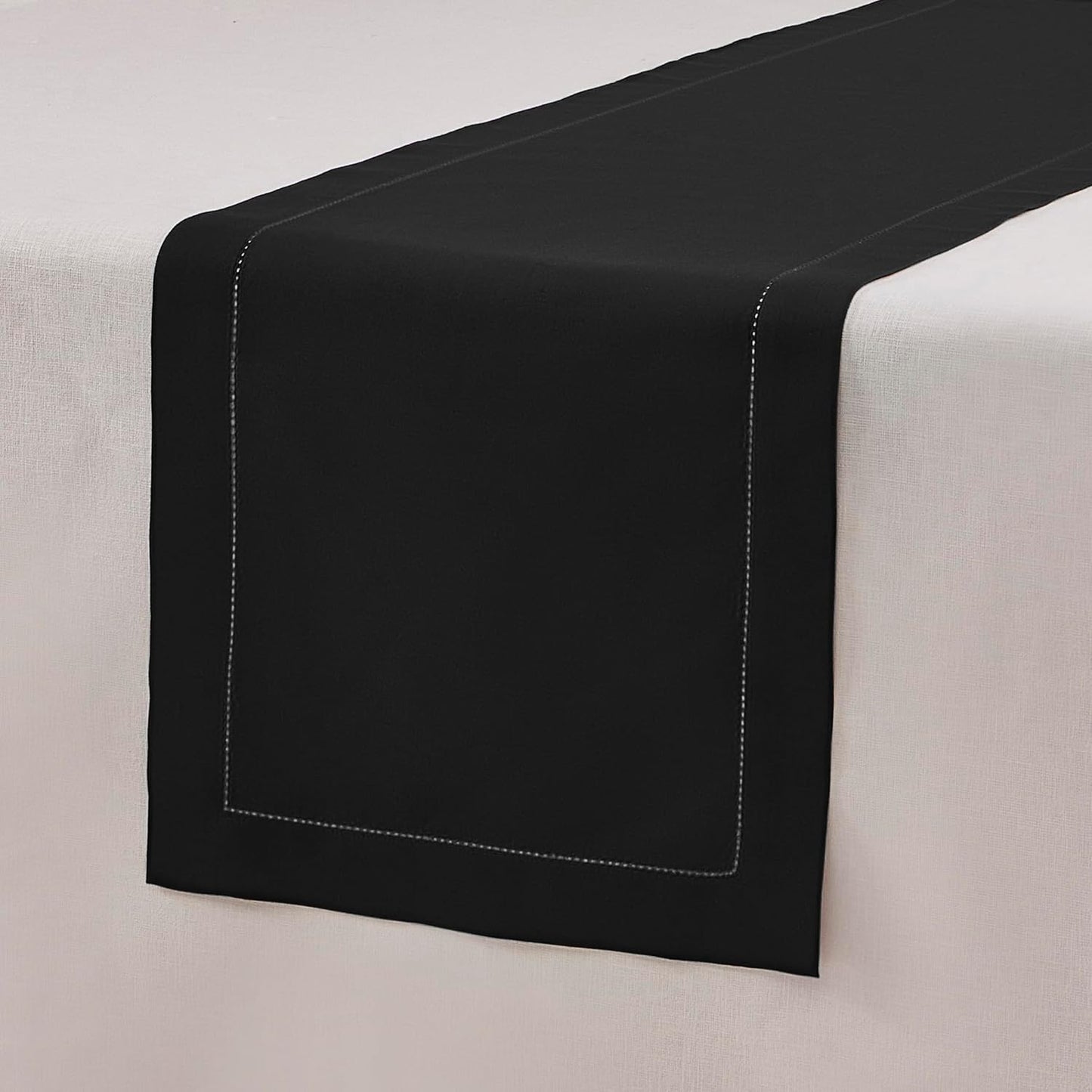 Cotton Linen Table Runner 120 Inches Long – Black Farmhouse Table Runner for Thanksgiving, Christmas – Washable Hemstitch Fabric Ideal for Winter Décor, Gift – Serena