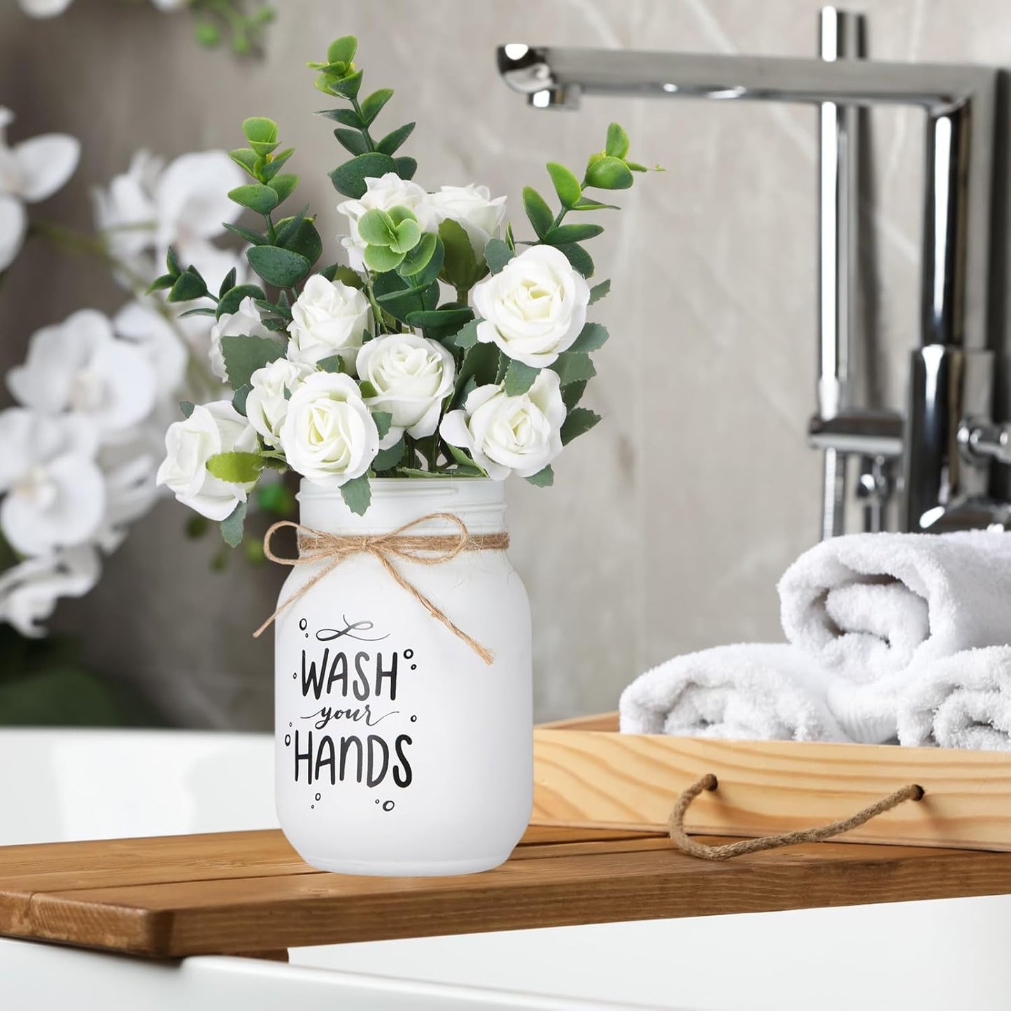XunYee Farmhouse Bathroom Decor Wash Your Hands Sign Mason Jar with Flowers 16.9 oz White Mason Jar Centerpiece Table Rustic Decor for Restroom Bathroom Shelf Bridal Shower Kitchen