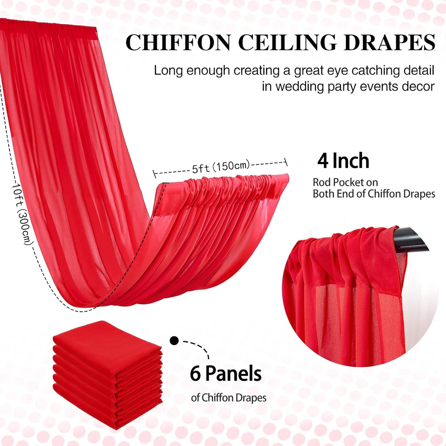 DUOBAO Ceiling Drapes 5FTx10FT Red Backdrop Curtains for Tent Drape Elegant Events Dark Red Wedding Arch Draping Fabric Sheer Chiffon Curtain for Banquet Room Graduation Prom, 6 Panels 5×10ft